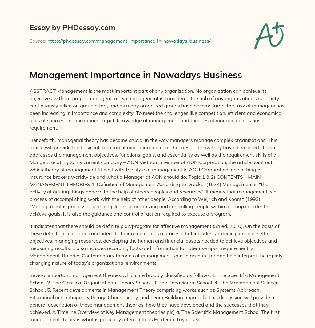 Management Importance in Nowadays Business essay