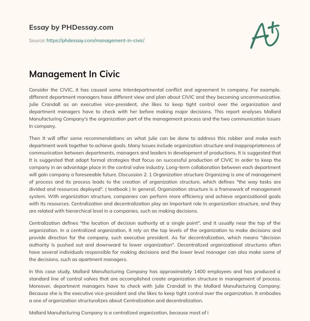 Management In Civic essay