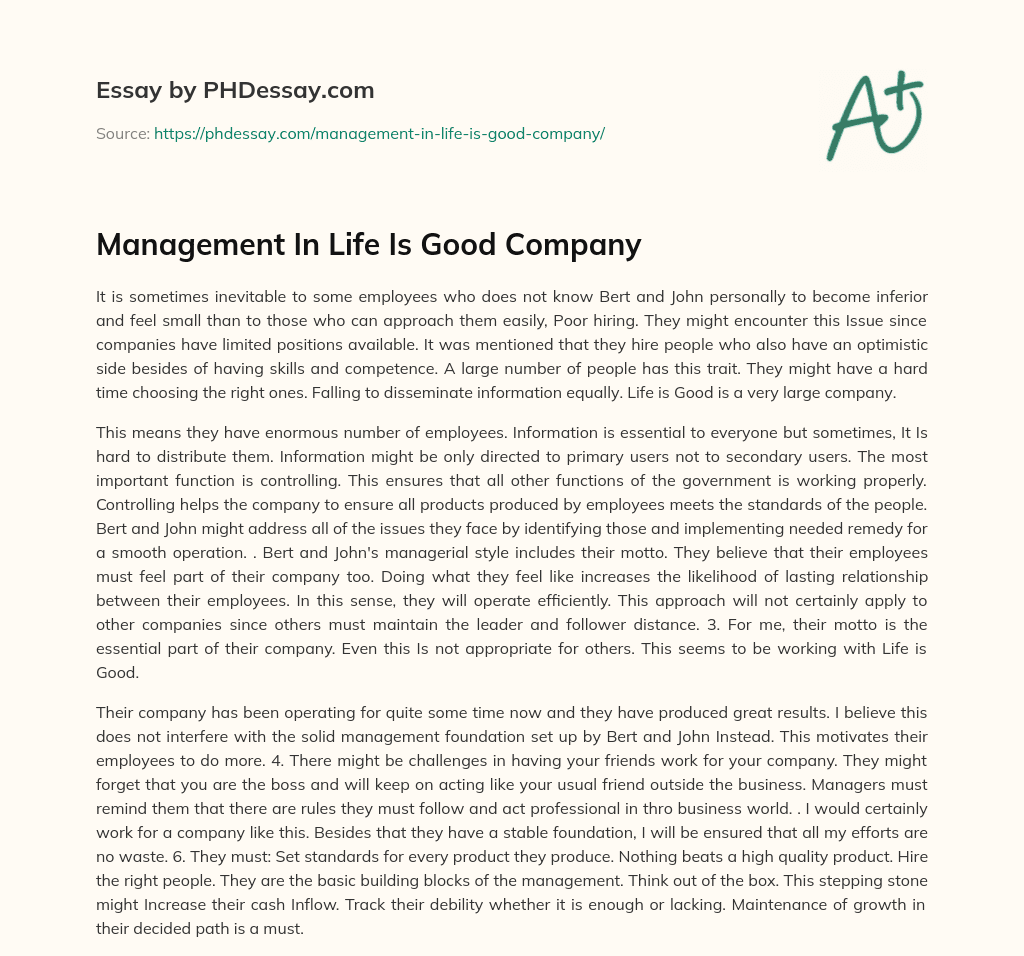 Management In Life Is Good Company essay