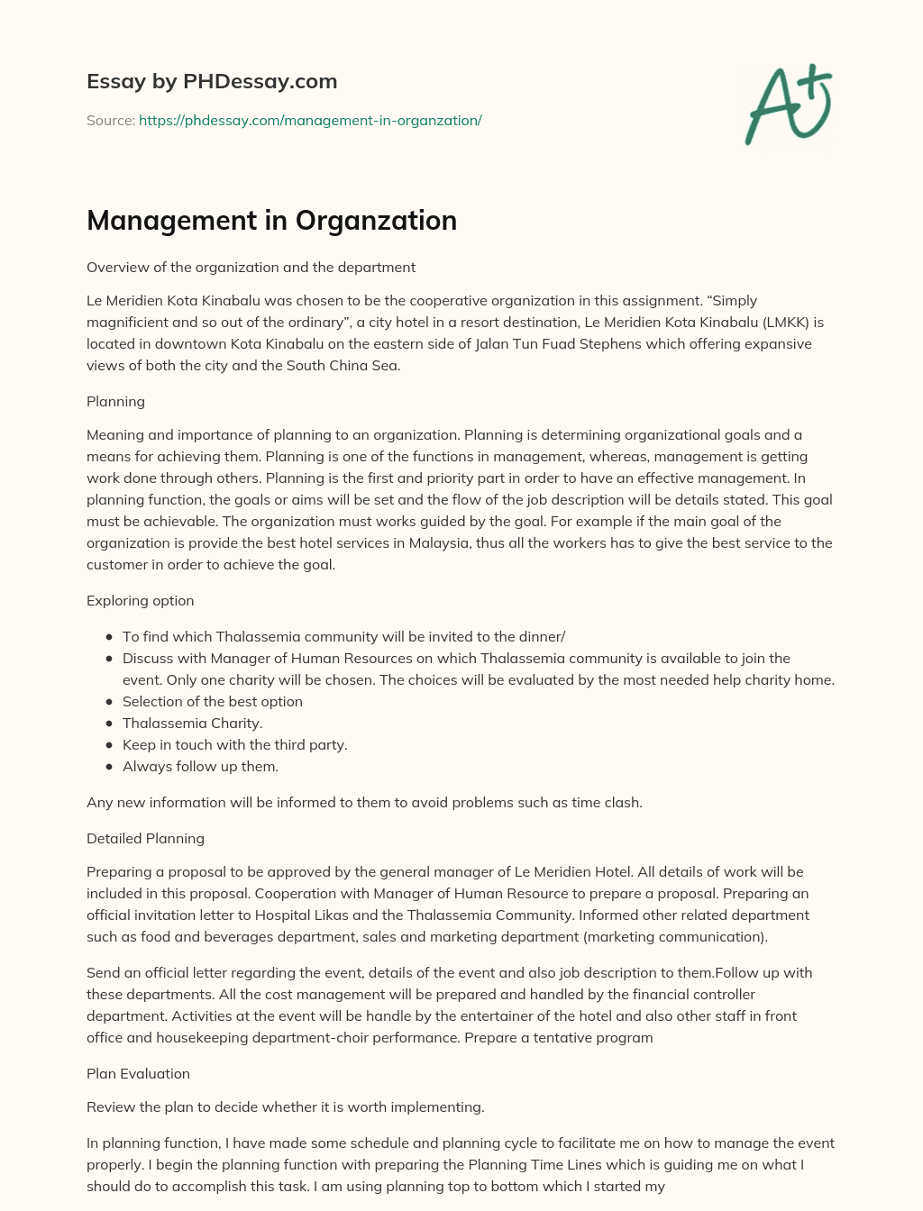 Management in Organzation essay