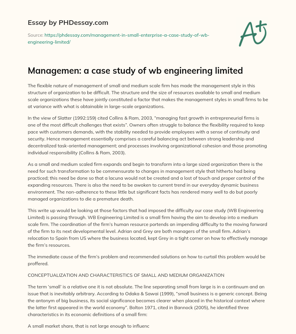 Managemen: a case study of wb engineering limited essay