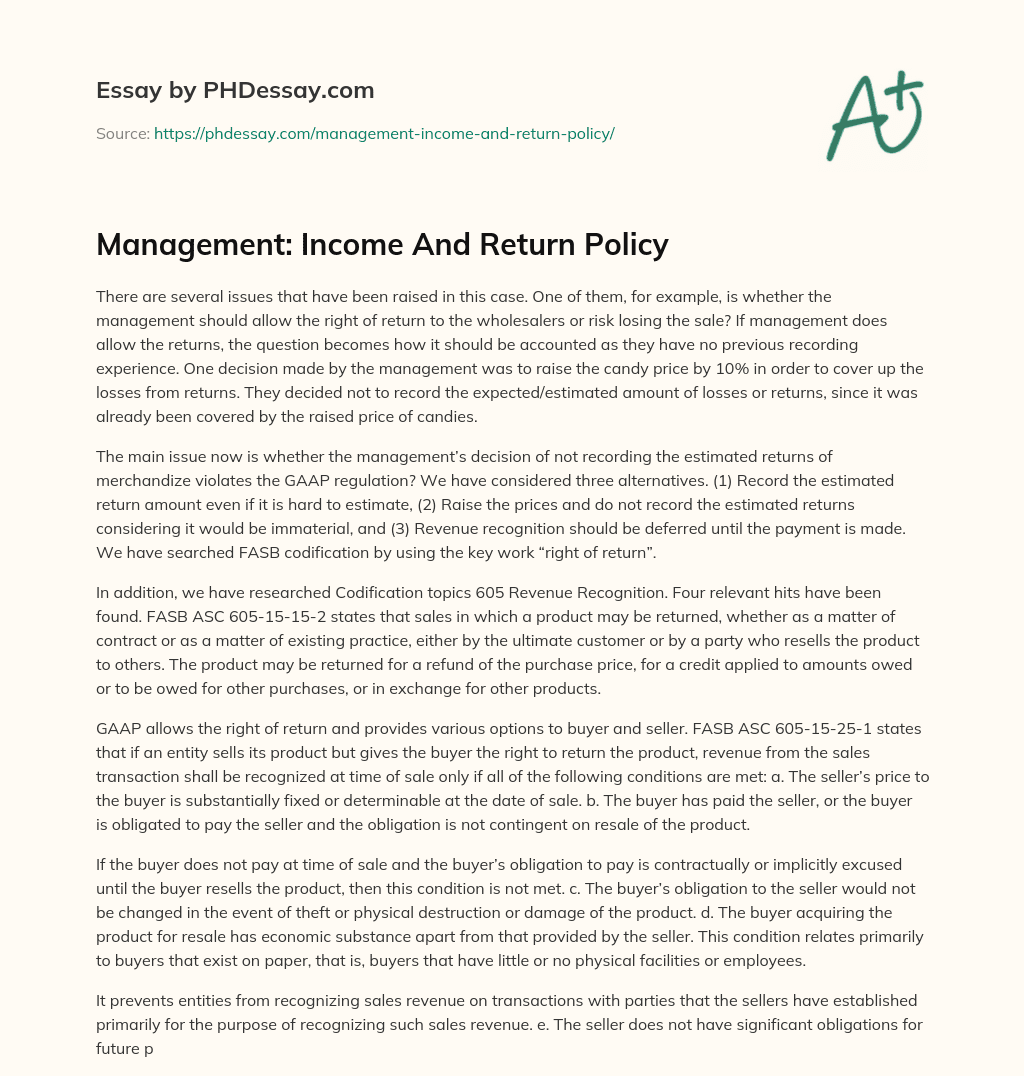 Management: Income And Return Policy essay