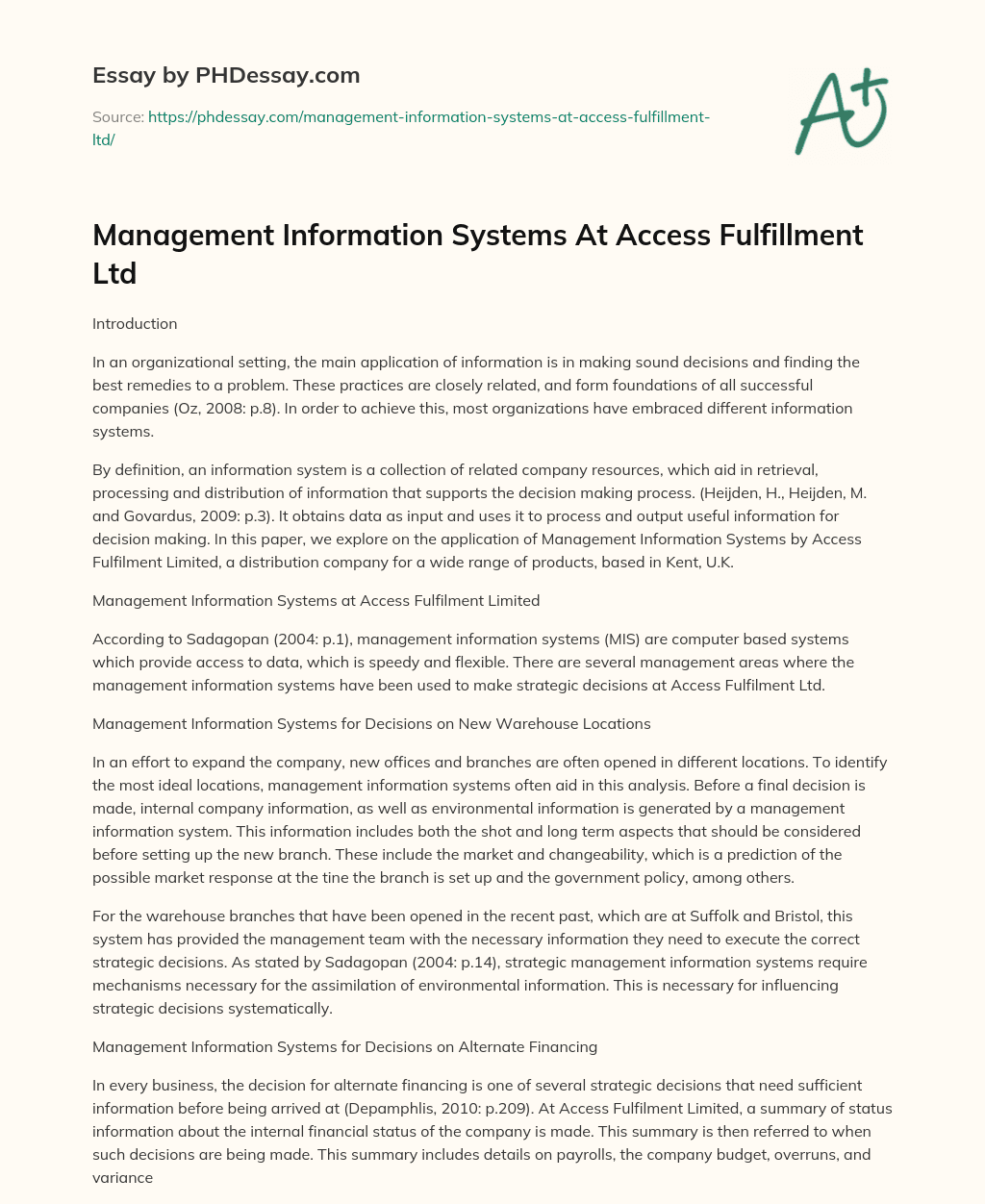 Management Information Systems At Access Fulfillment Ltd essay