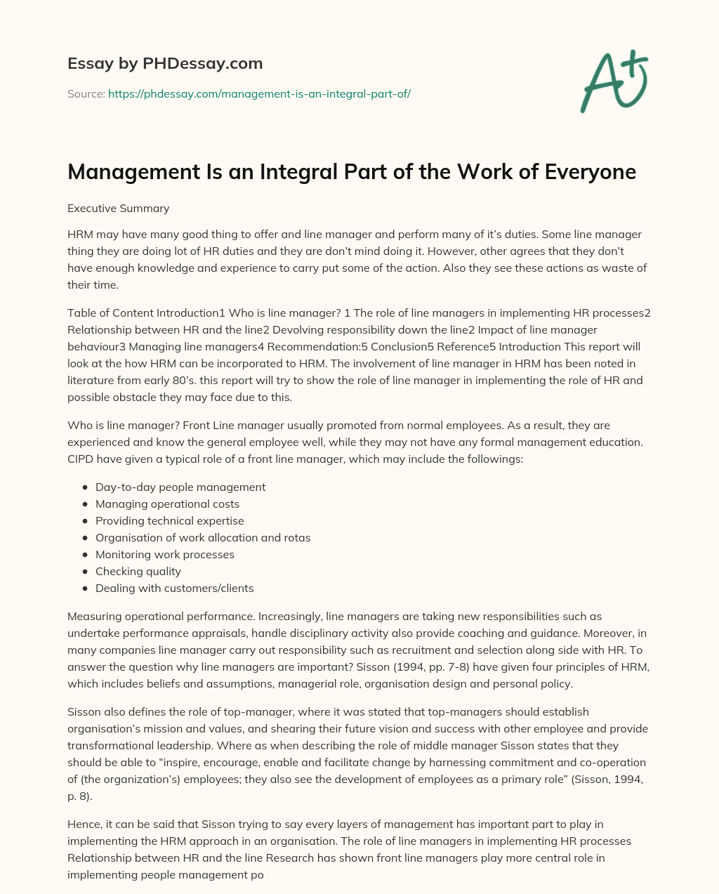 Management Is an Integral Part of the Work of Everyone essay