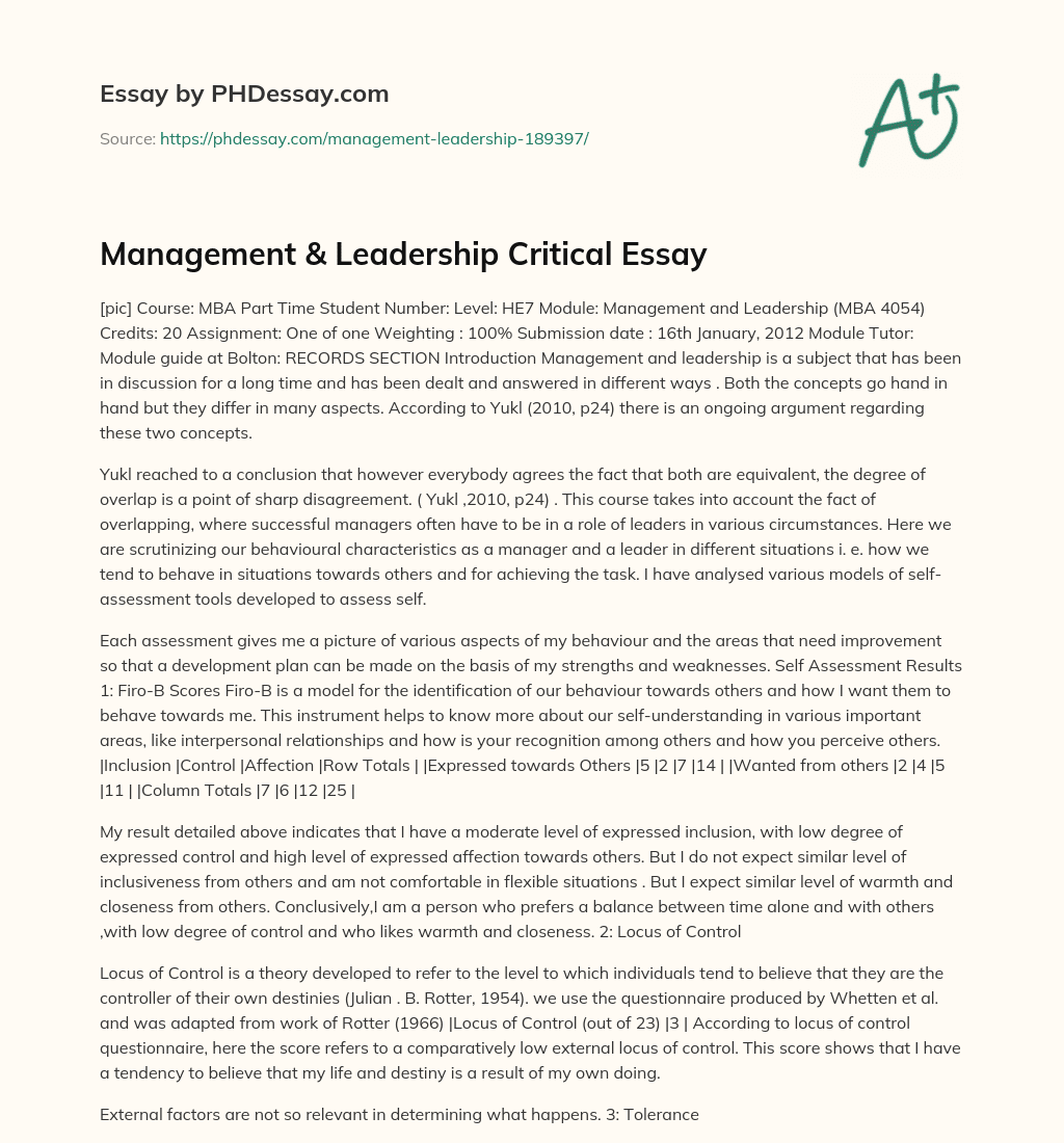 Management & Leadership Critical Essay essay