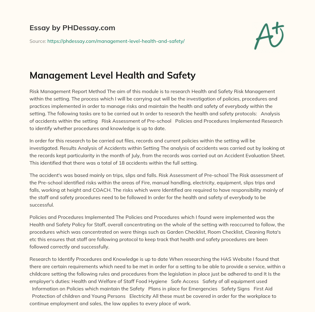 Management Level Health and Safety essay