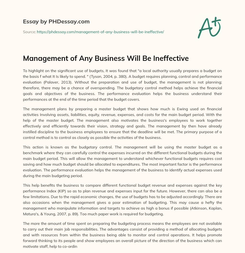 Management of Any Business Will Be Ineffective essay