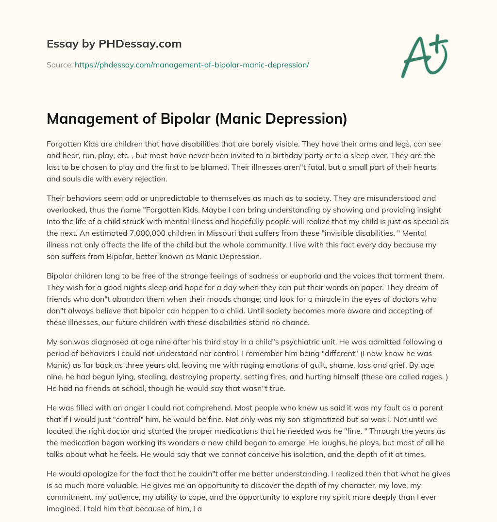 Management of Bipolar (Manic Depression) essay