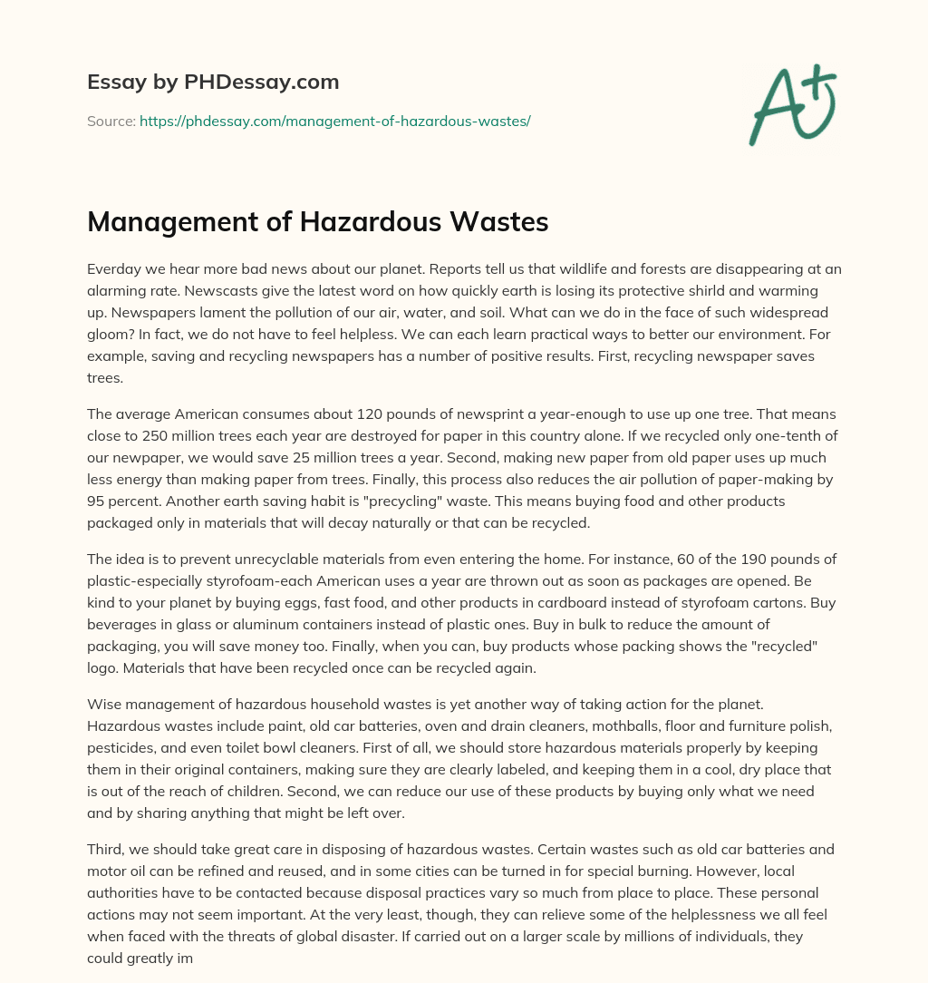 Management of Hazardous Wastes essay