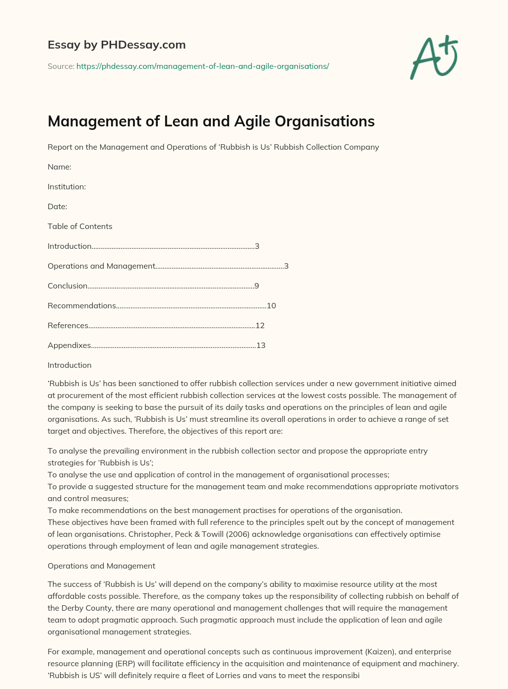 Management of Lean and Agile Organisations essay