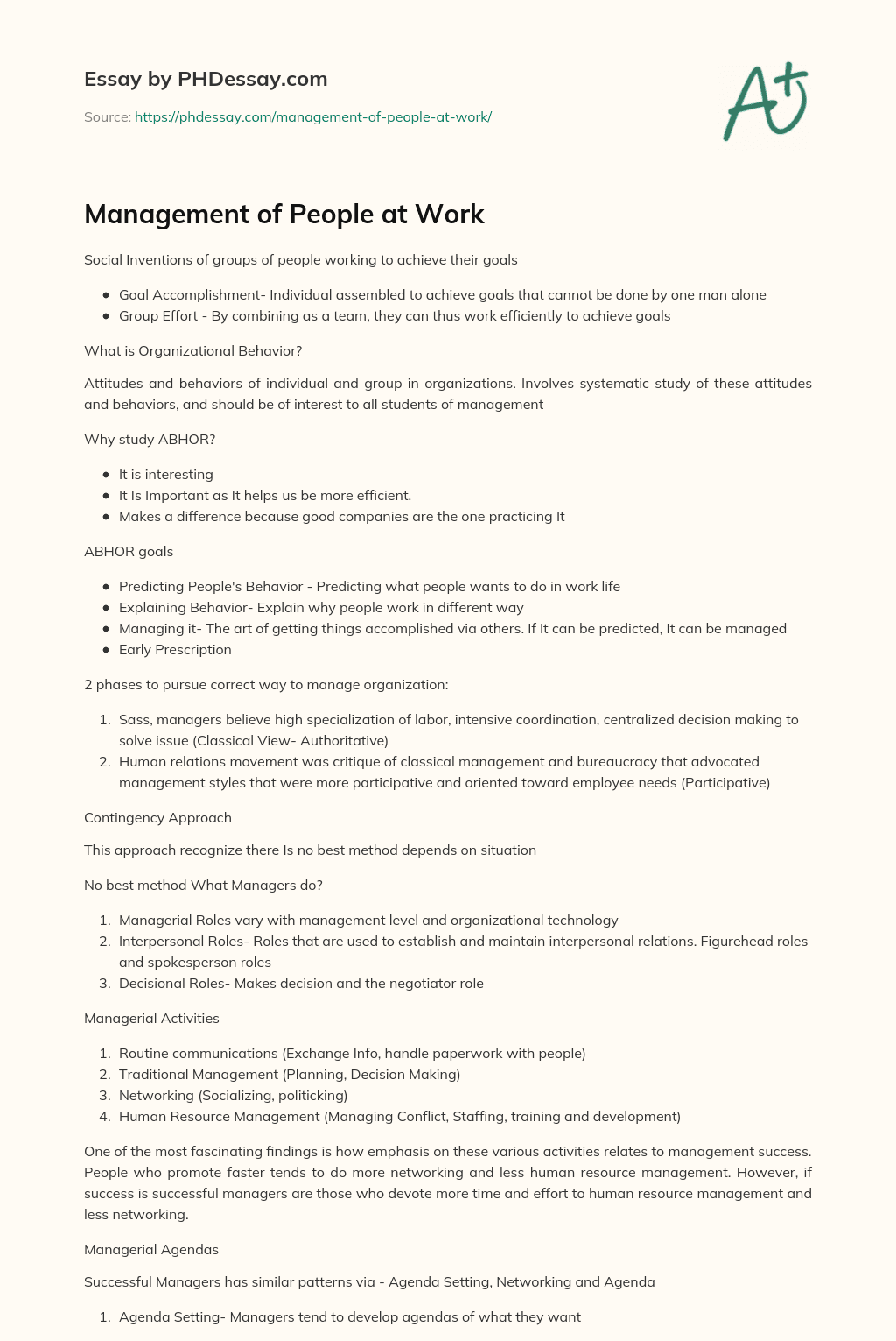 Management of People at Work essay
