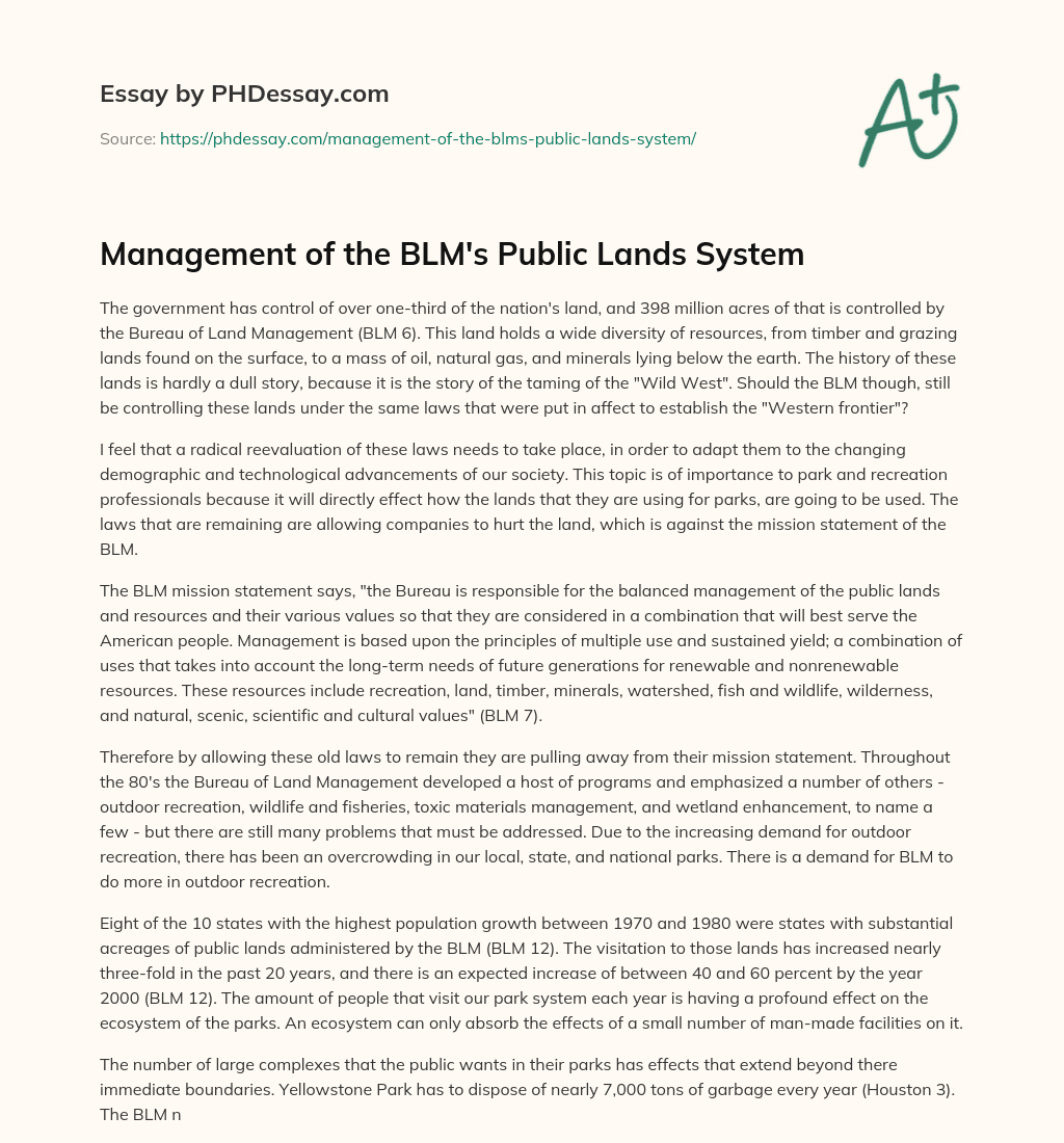 Management of the BLM’s Public Lands System essay