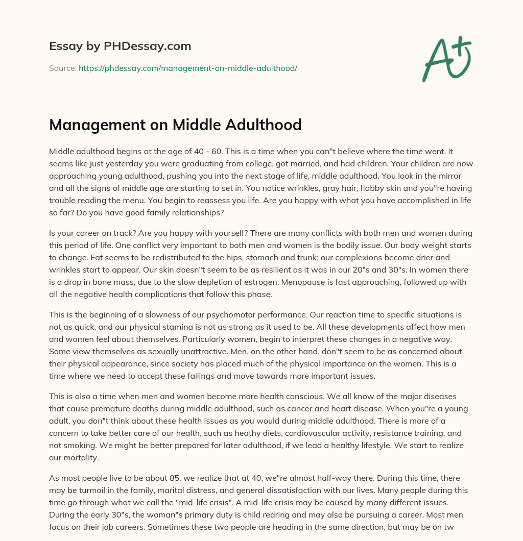 Management on Middle Adulthood essay
