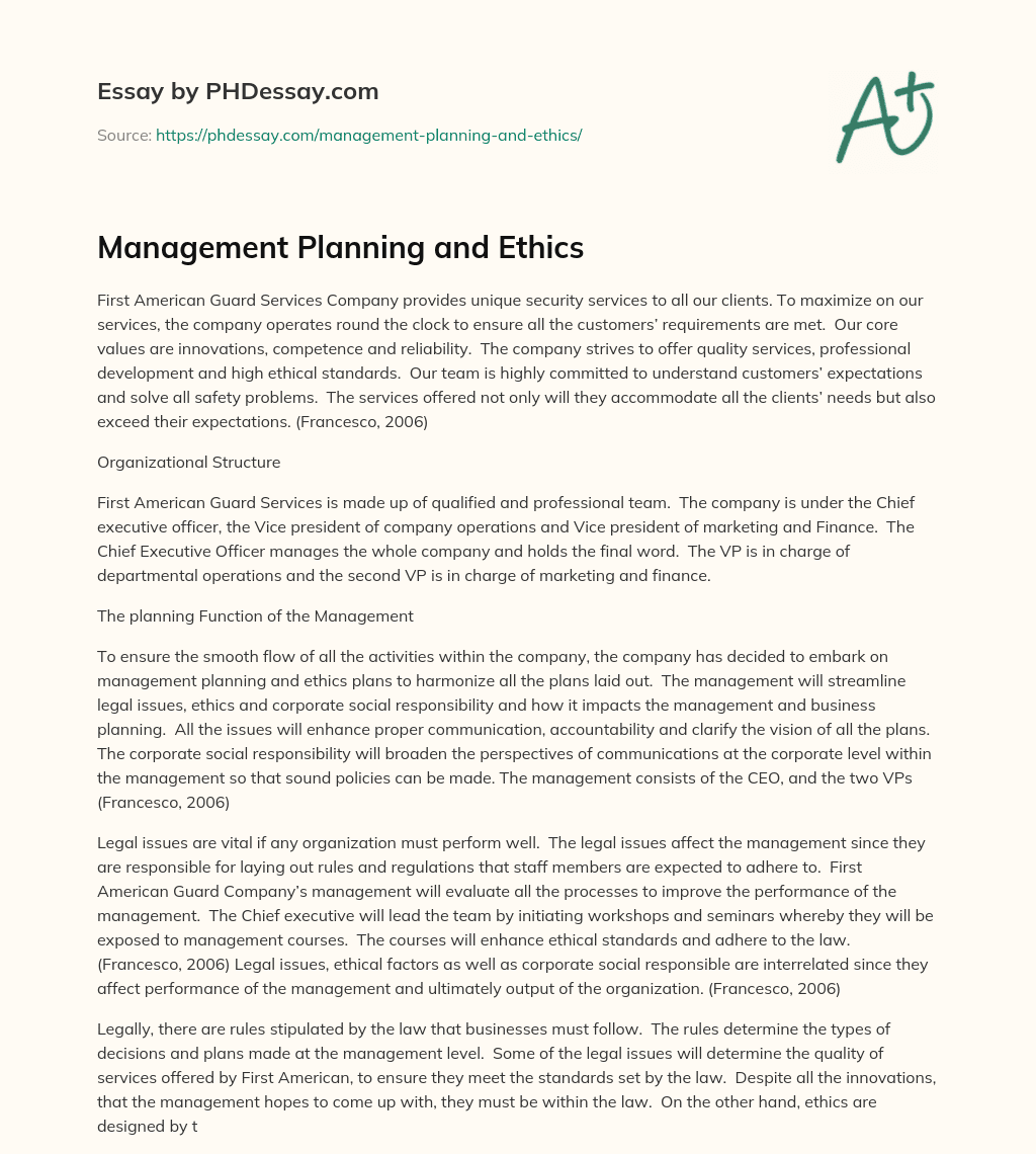 Management Planning and Ethics essay