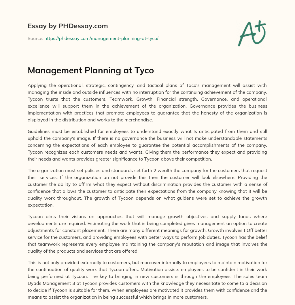 Management Planning at Tyco essay