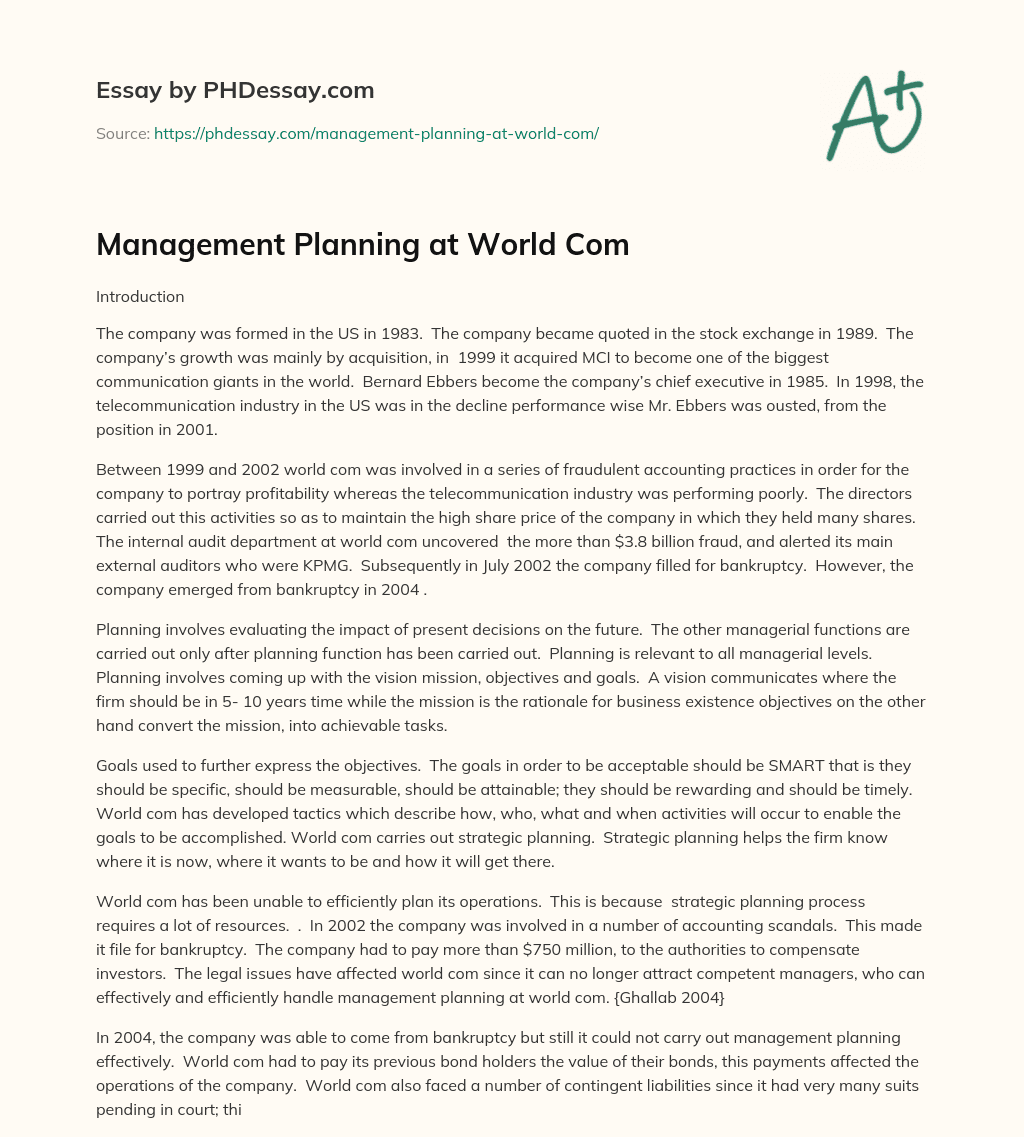 Management Planning at World Com essay