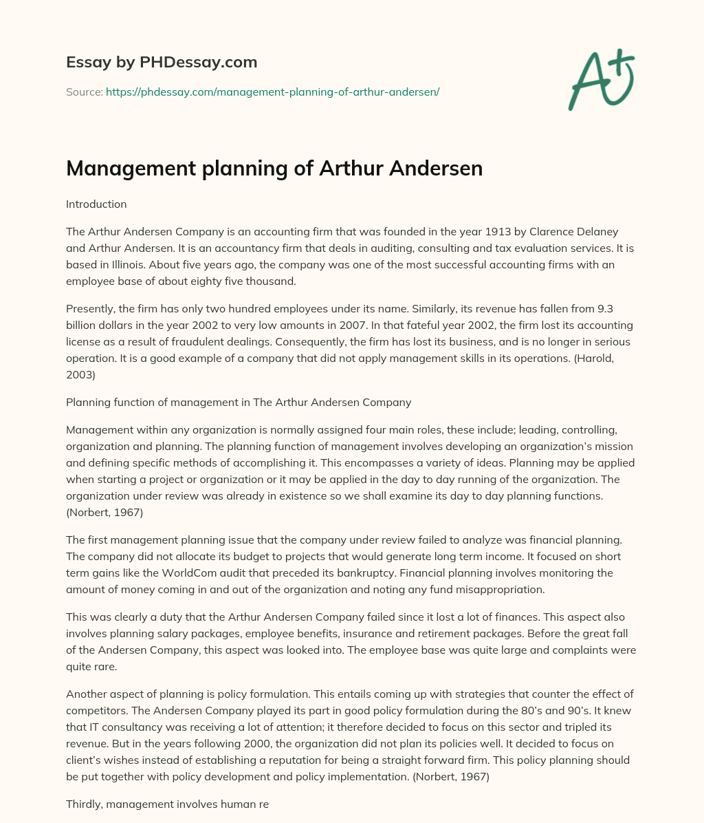 Management planning of Arthur Andersen essay