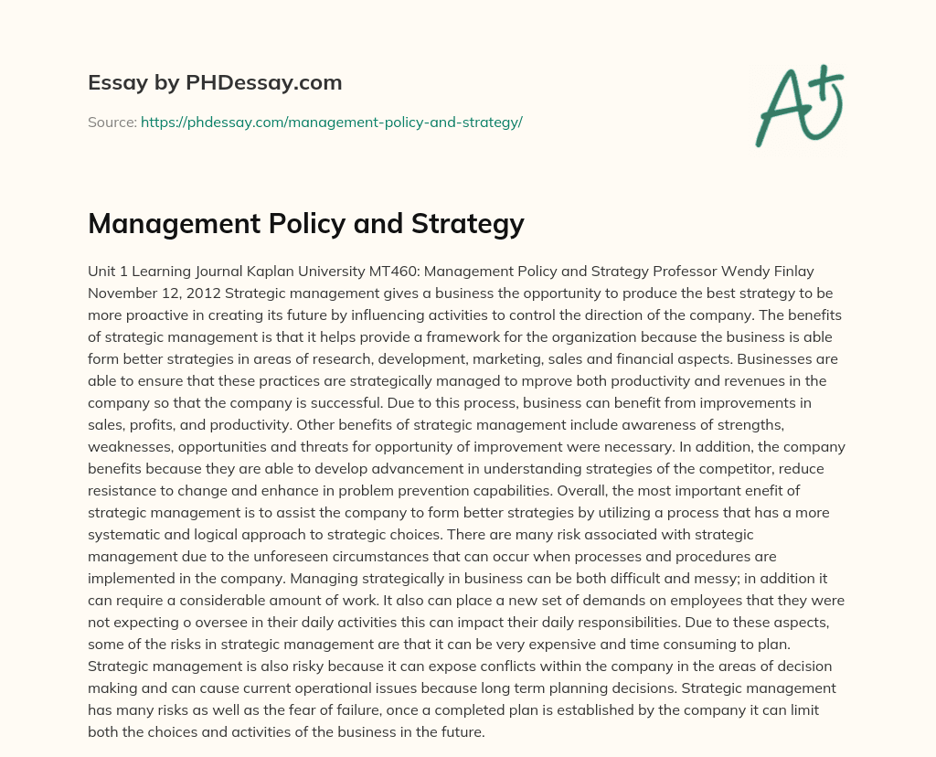 Management Policy and Strategy essay