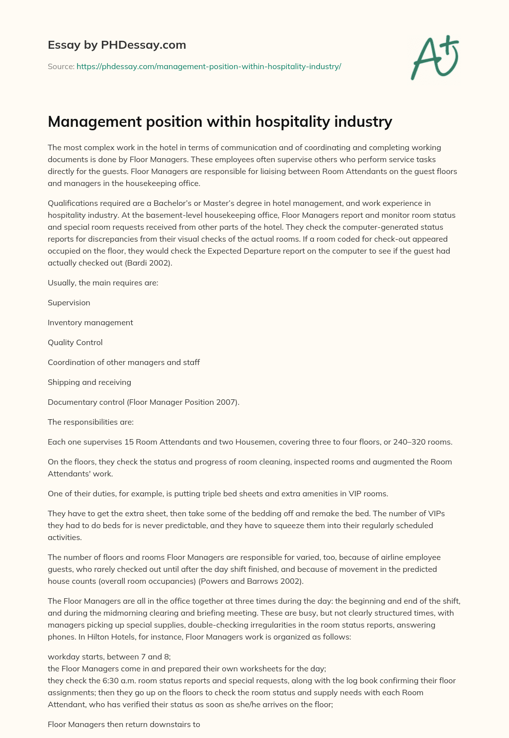 Management position within hospitality industry essay