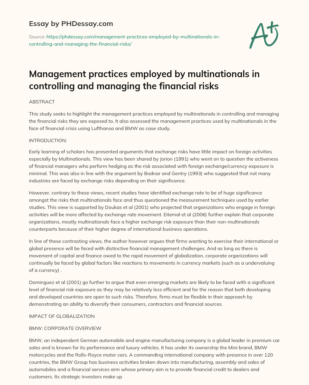 Management practices employed by multinationals in controlling and managing the financial risks essay