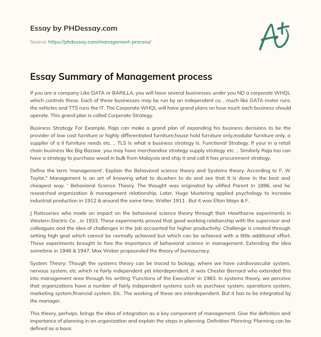 Essay Summary of Management process essay