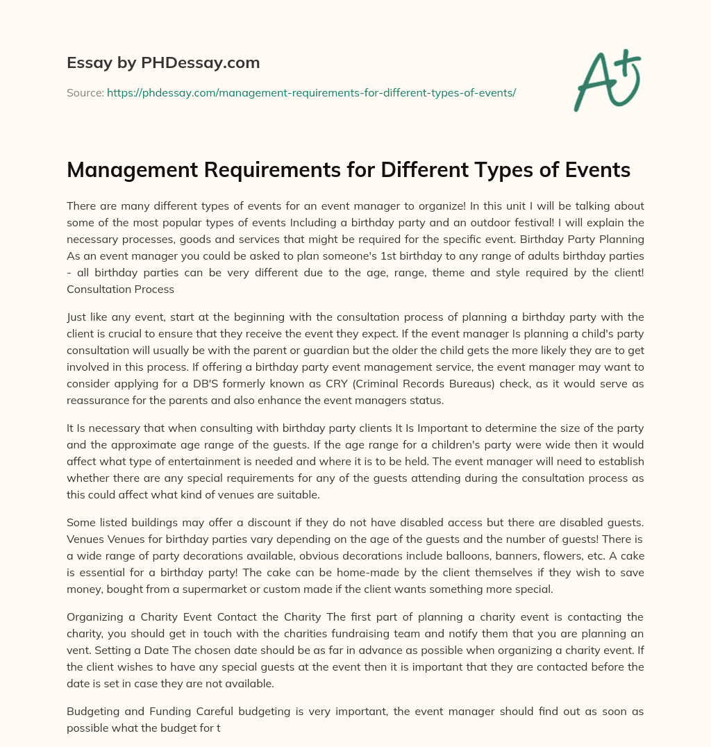 Management Requirements for Different Types of Events essay