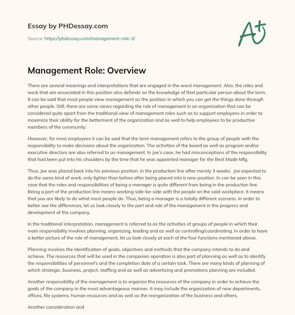 Management Role: Overview essay