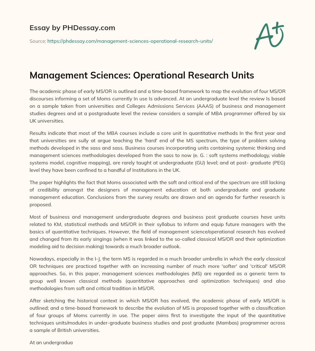 Management Sciences: Operational Research Units essay