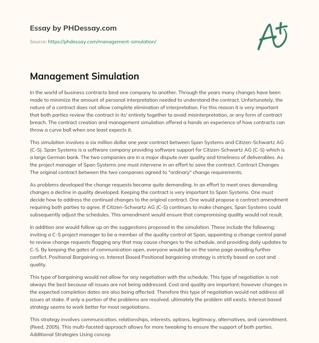Management Simulation essay