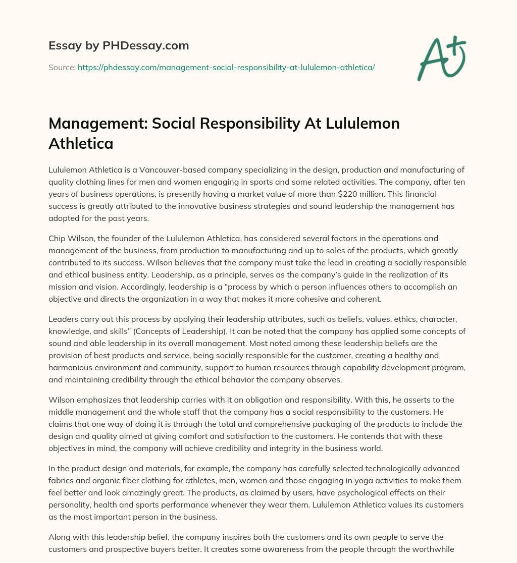 Management: Social Responsibility  At Lululemon Athletica essay