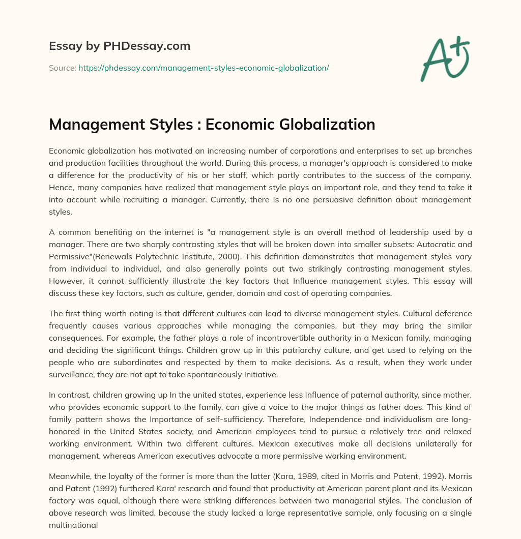 Management Styles : Economic Globalization essay