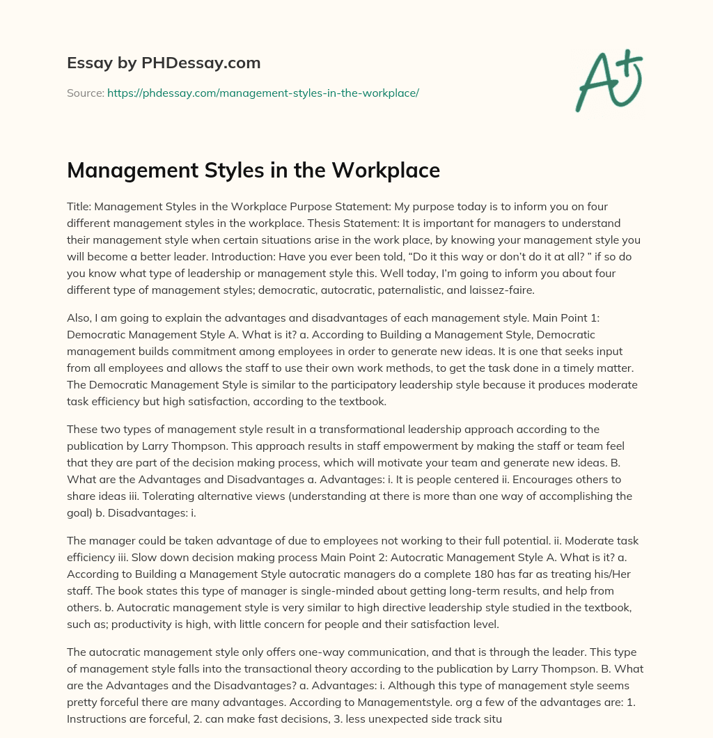 Management Styles in the Workplace essay