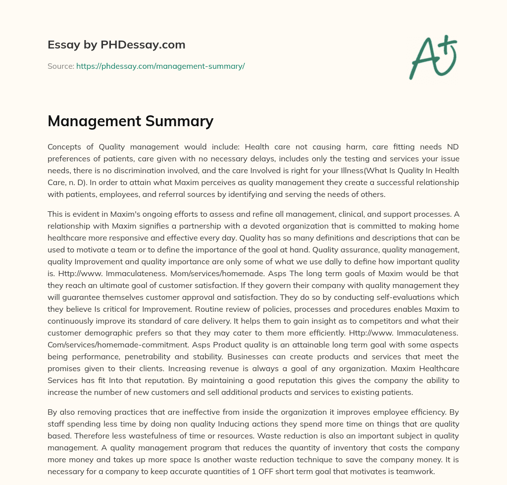 Management Summary essay
