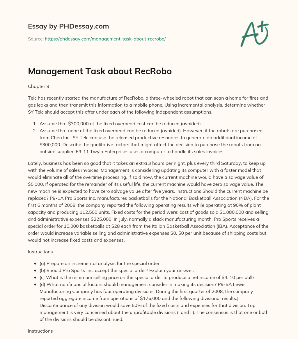 Management Task about RecRobo essay
