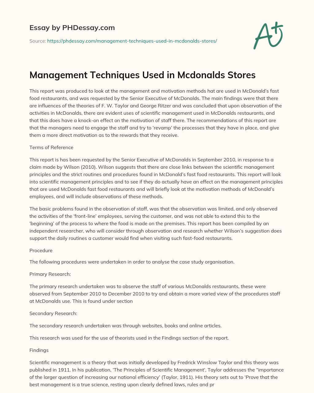 Management Techniques Used in Mcdonalds Stores essay