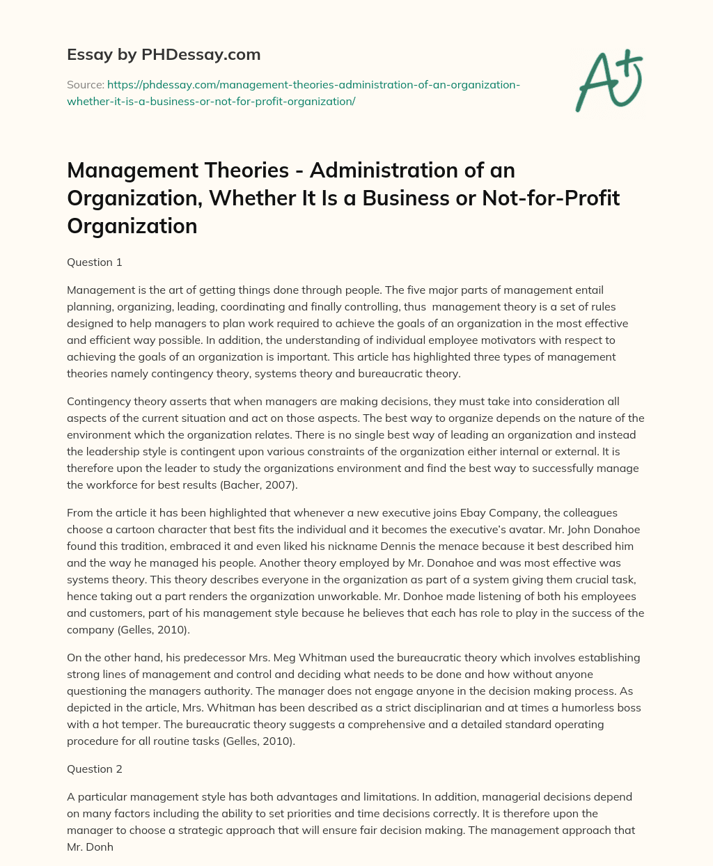 Management Theories – Administration of an Organization, Whether It Is a Business or Not-for-Profit Organization essay