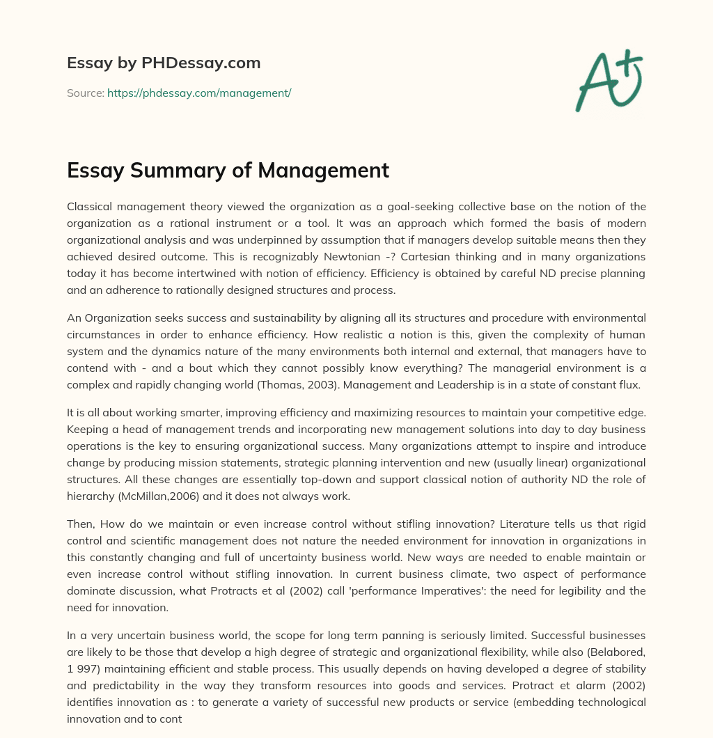 Essay Summary of Management essay