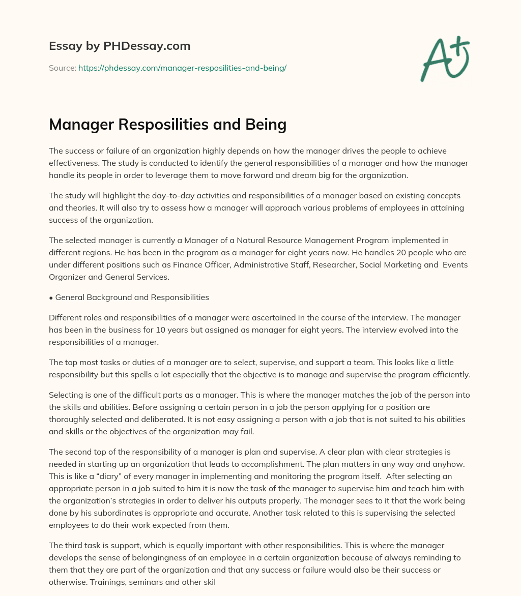 Manager Resposilities and Being essay