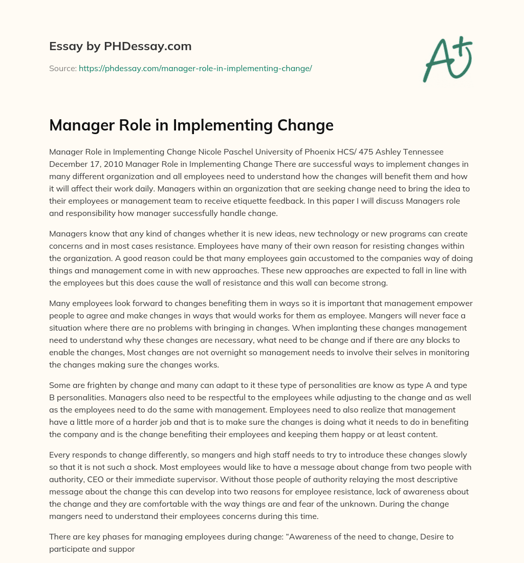 Manager Role in Implementing Change essay