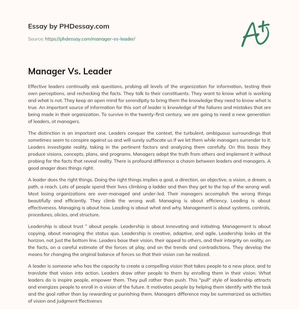 Manager Vs. Leader essay