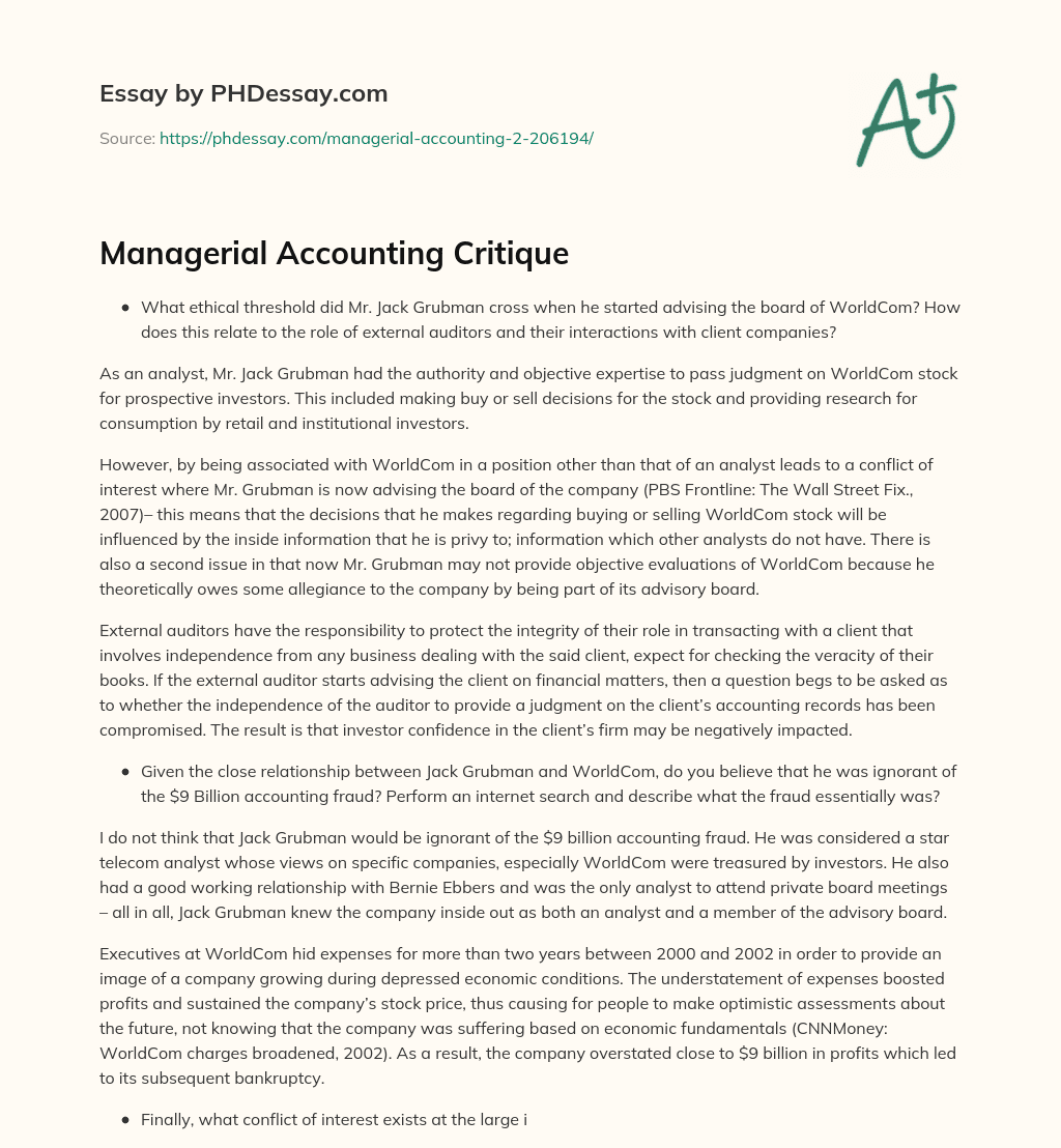 Managerial Accounting Critique essay