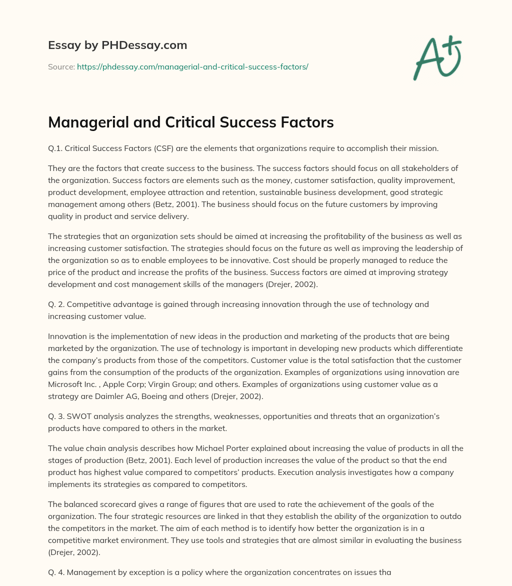 Managerial and Critical Success Factors essay