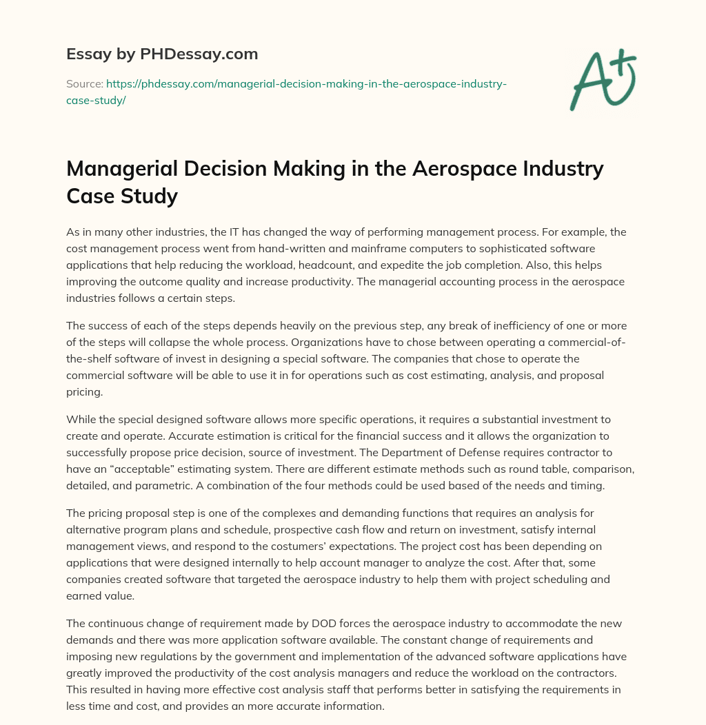 Managerial Decision Making in the Aerospace Industry Case Study essay