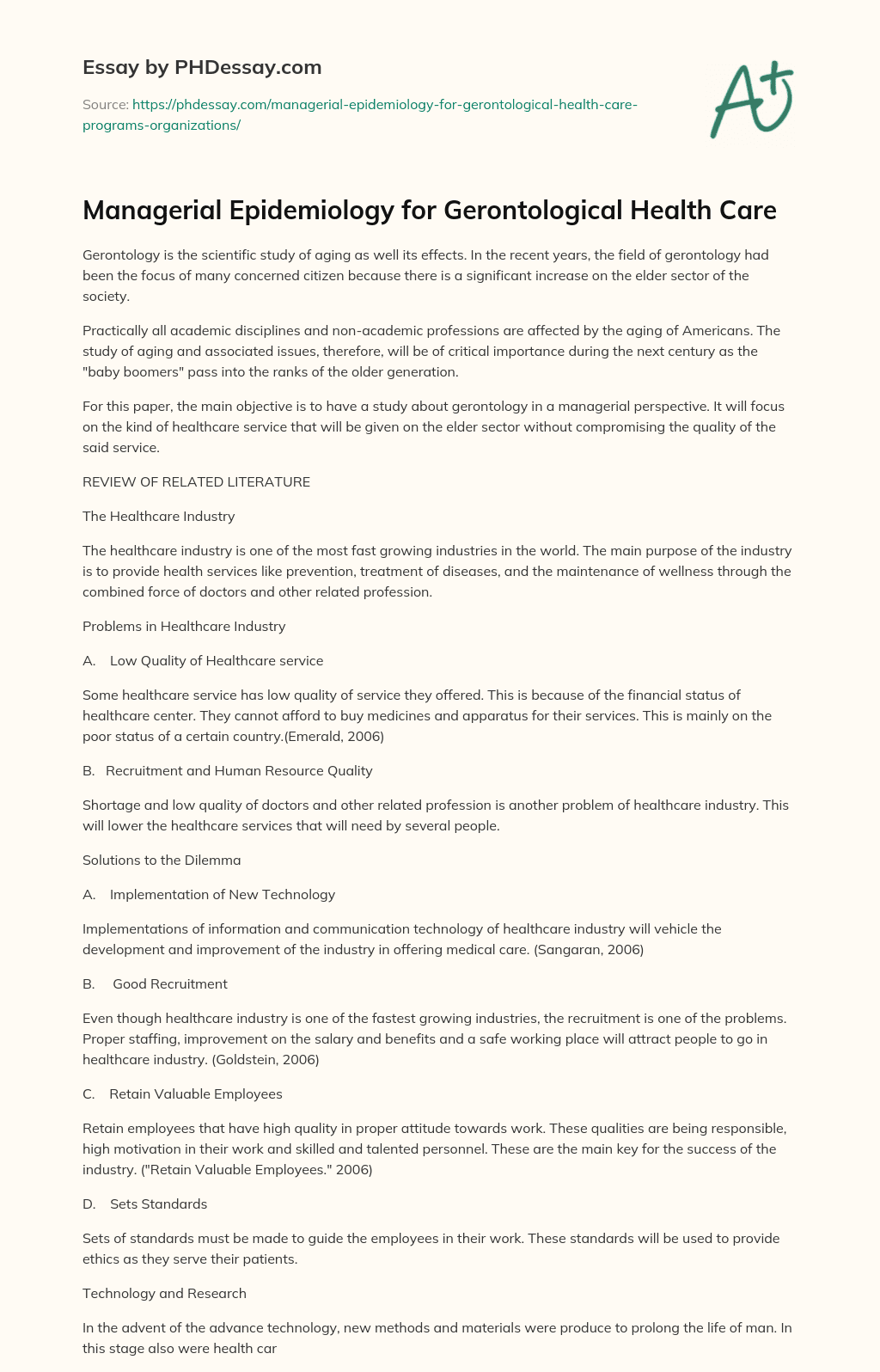 Managerial Epidemiology for Gerontological Health Care essay