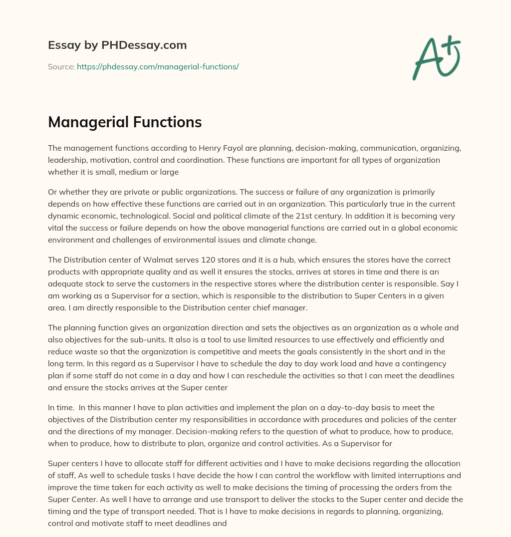 Managerial Functions essay