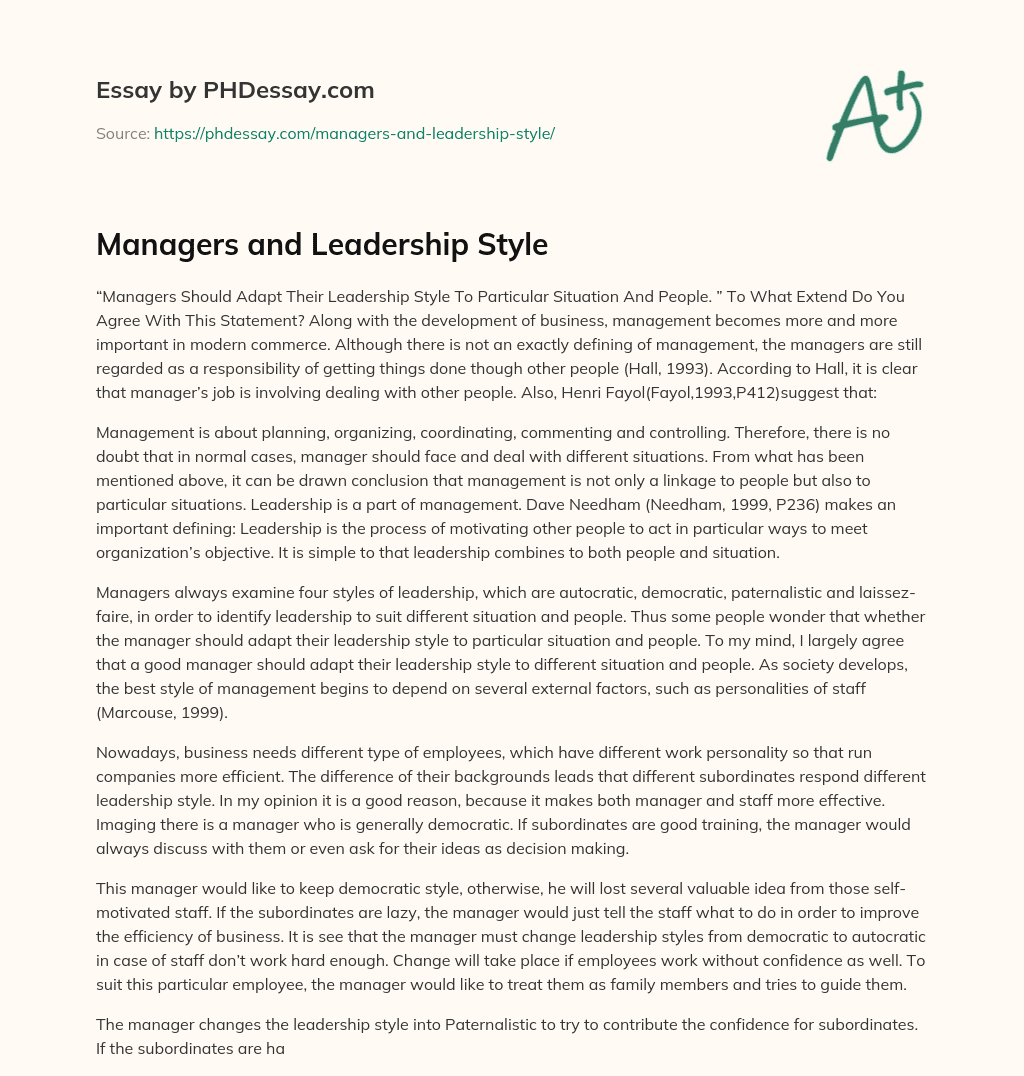 Managers and Leadership Style essay