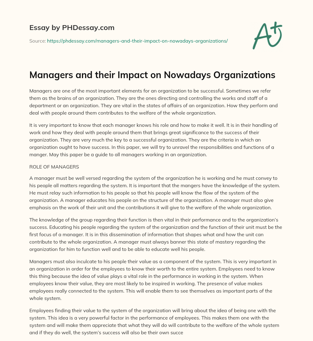 Managers and their Impact on Nowadays Organizations essay