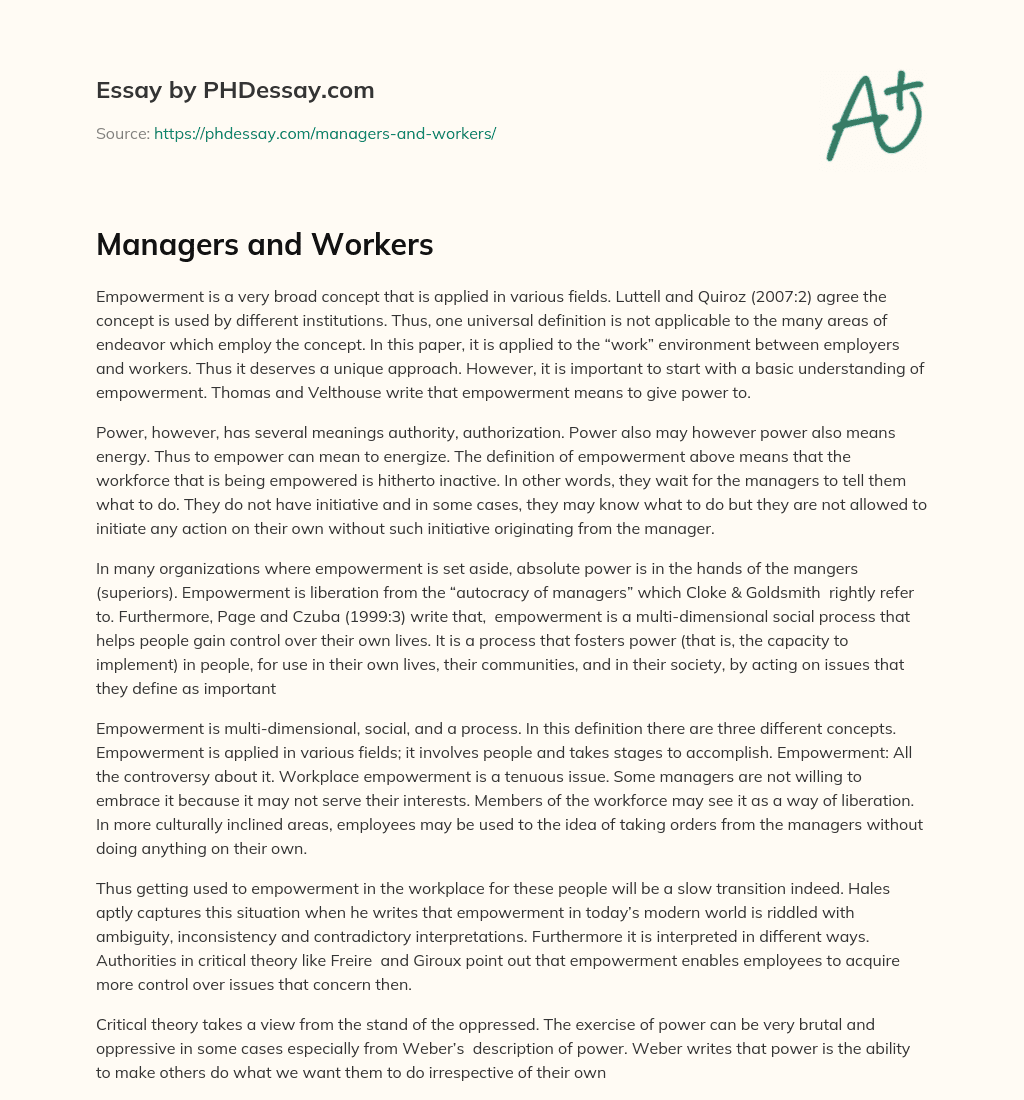 Managers and Workers essay