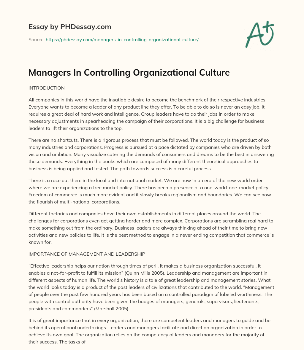 Managers In Controlling Organizational Culture essay