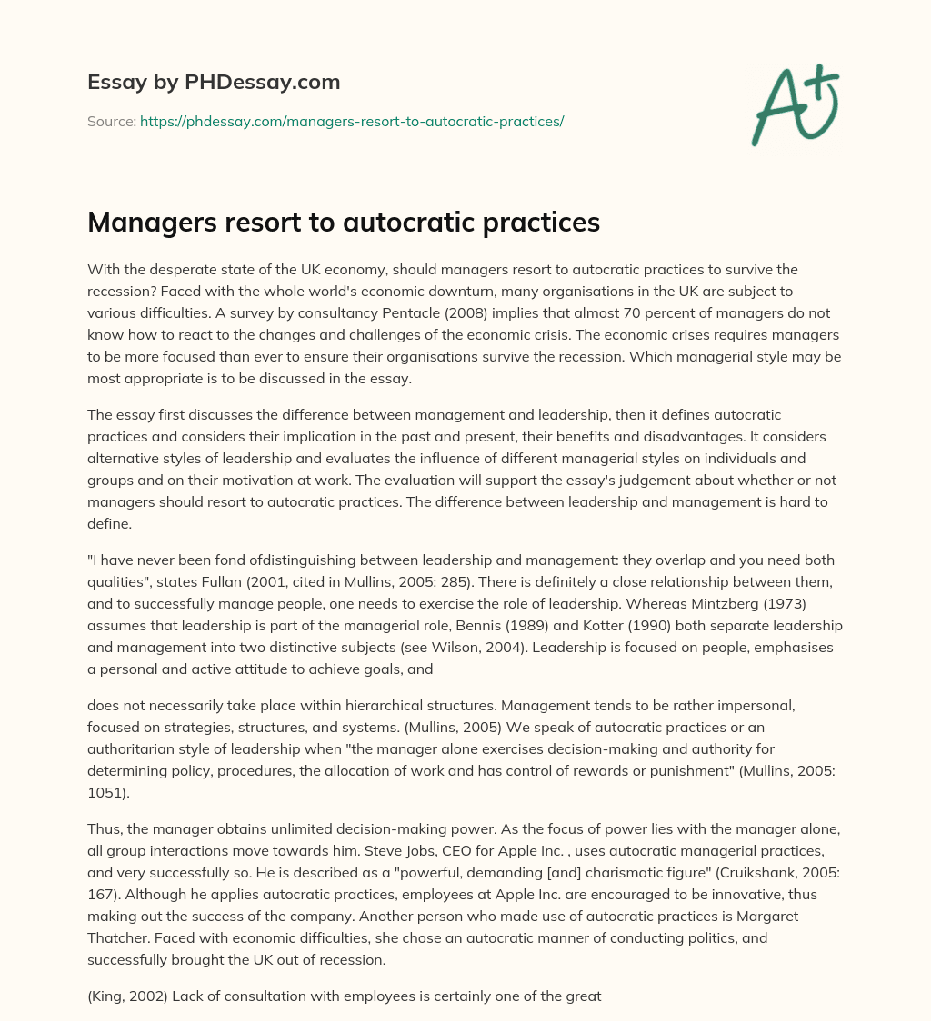 Managers resort to autocratic practices essay